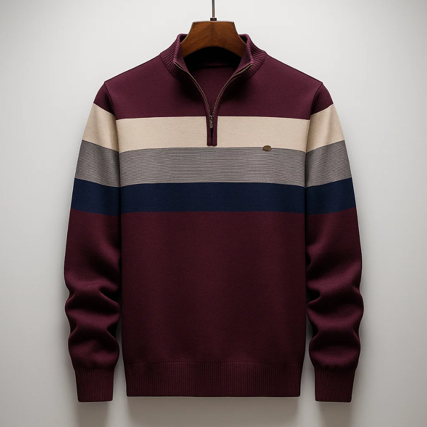 Maglione uomo bordeaux con mezza zip e righe. Ideale per outfit maschili sofisticati o casual in autunno/inverno.