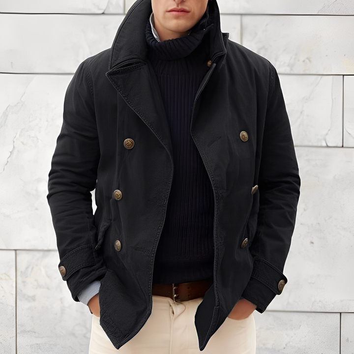 Cappotto doppiopetto uomo per inverno, giacca elegante e calda, ideale per moda maschile e look sofisticati.