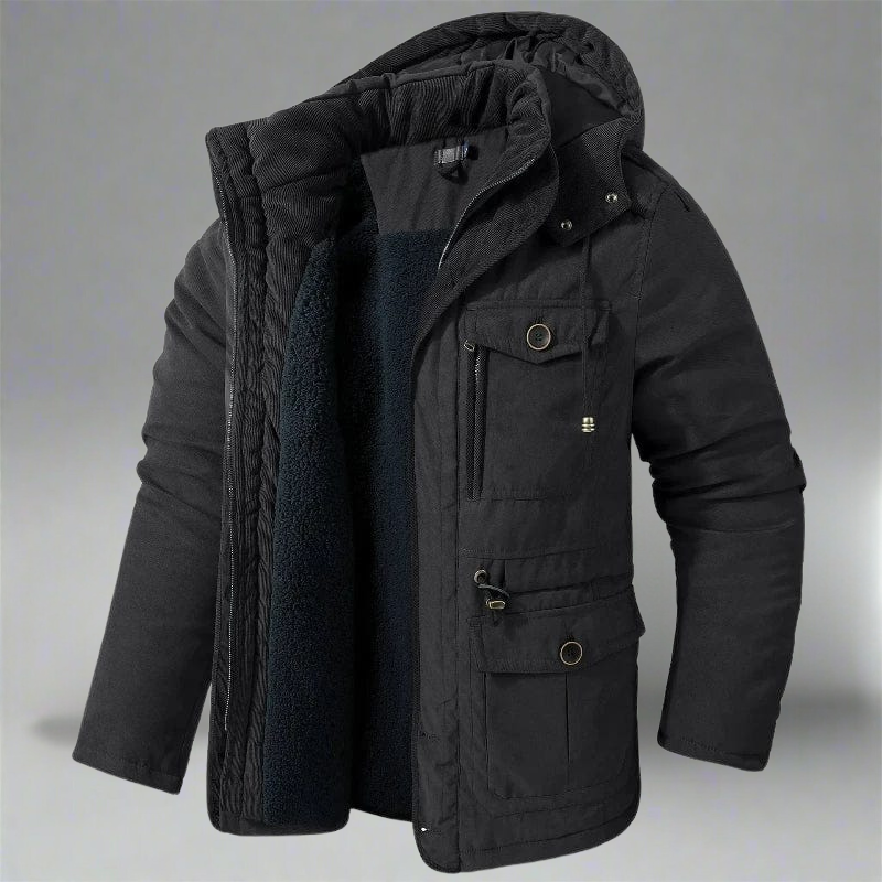 Parka invernale uomo antivento blu scuro con cappuccio. Perfetto per outdoor, viaggi e città. Impermeabile.