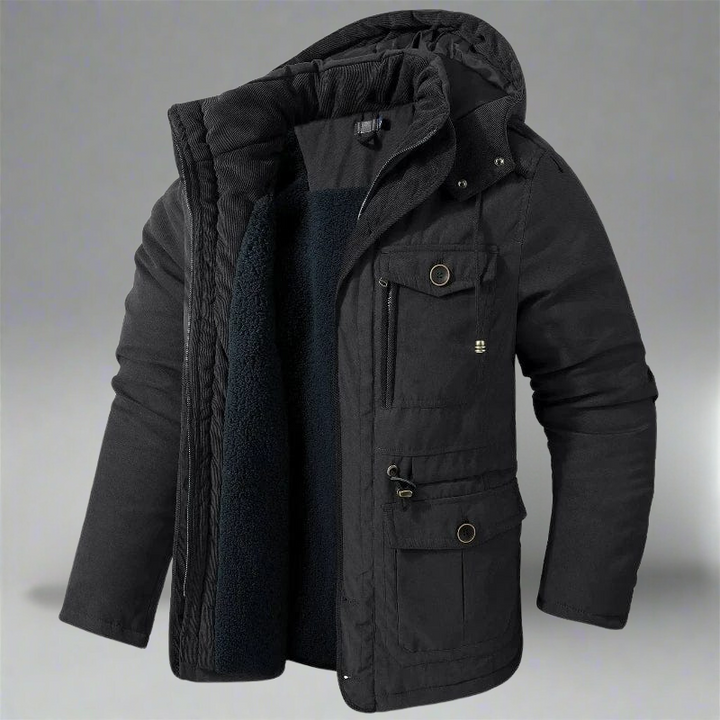 Parka invernale uomo antivento blu scuro con cappuccio. Perfetto per outdoor, viaggi e città. Impermeabile.
