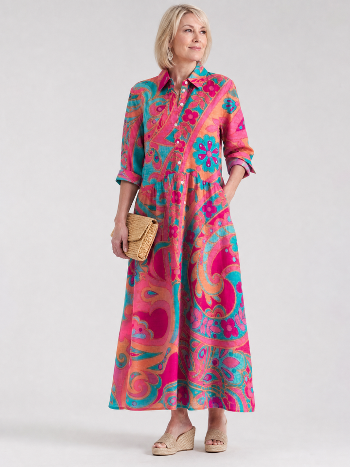Abito midi da donna stampato con colletto e bottoni, vestito elegante casual chic a stampa multicolore.
