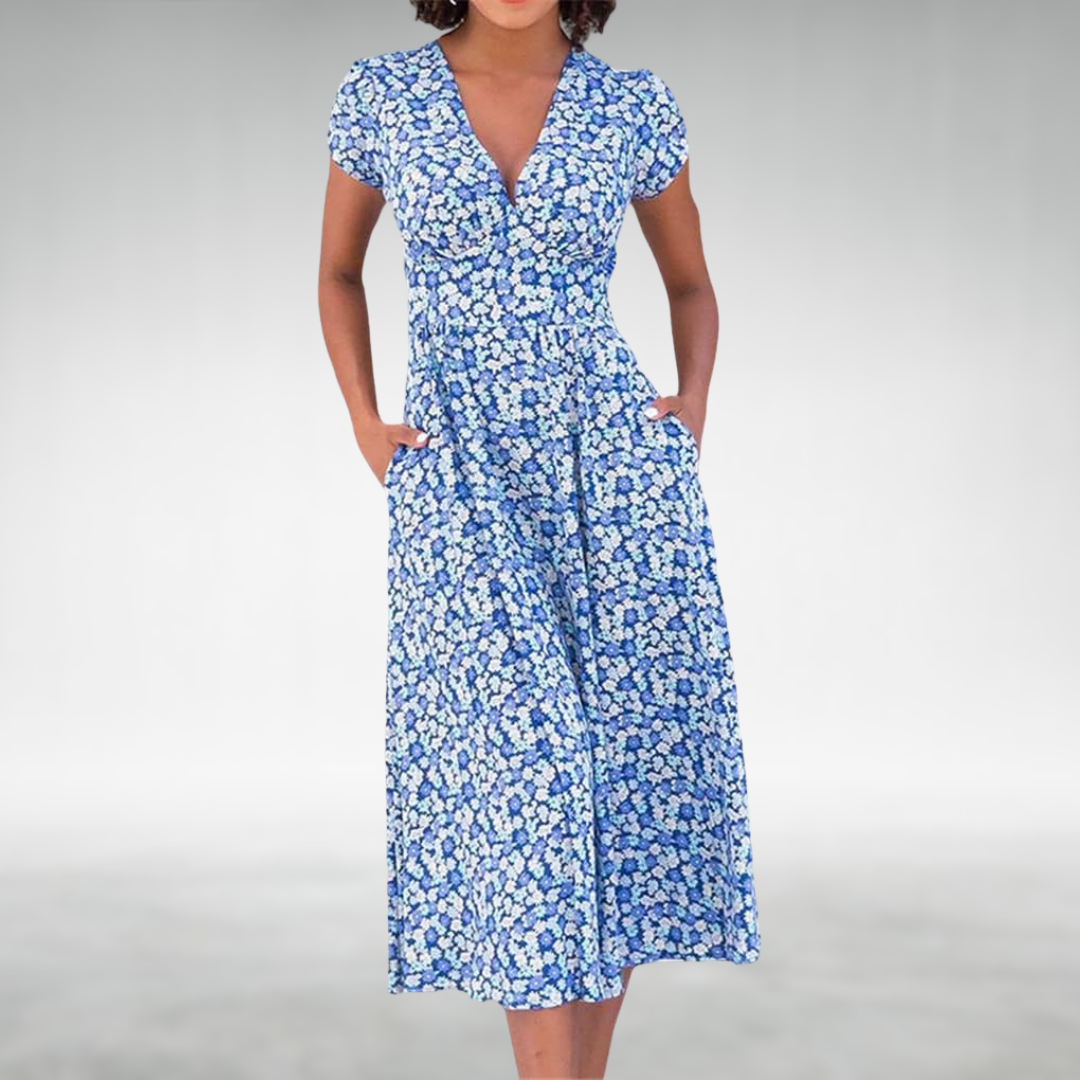 Vestito estivo donna elegante a scollo a V. Ideale per vacanze, spiaggia o look casual-chic versatile.