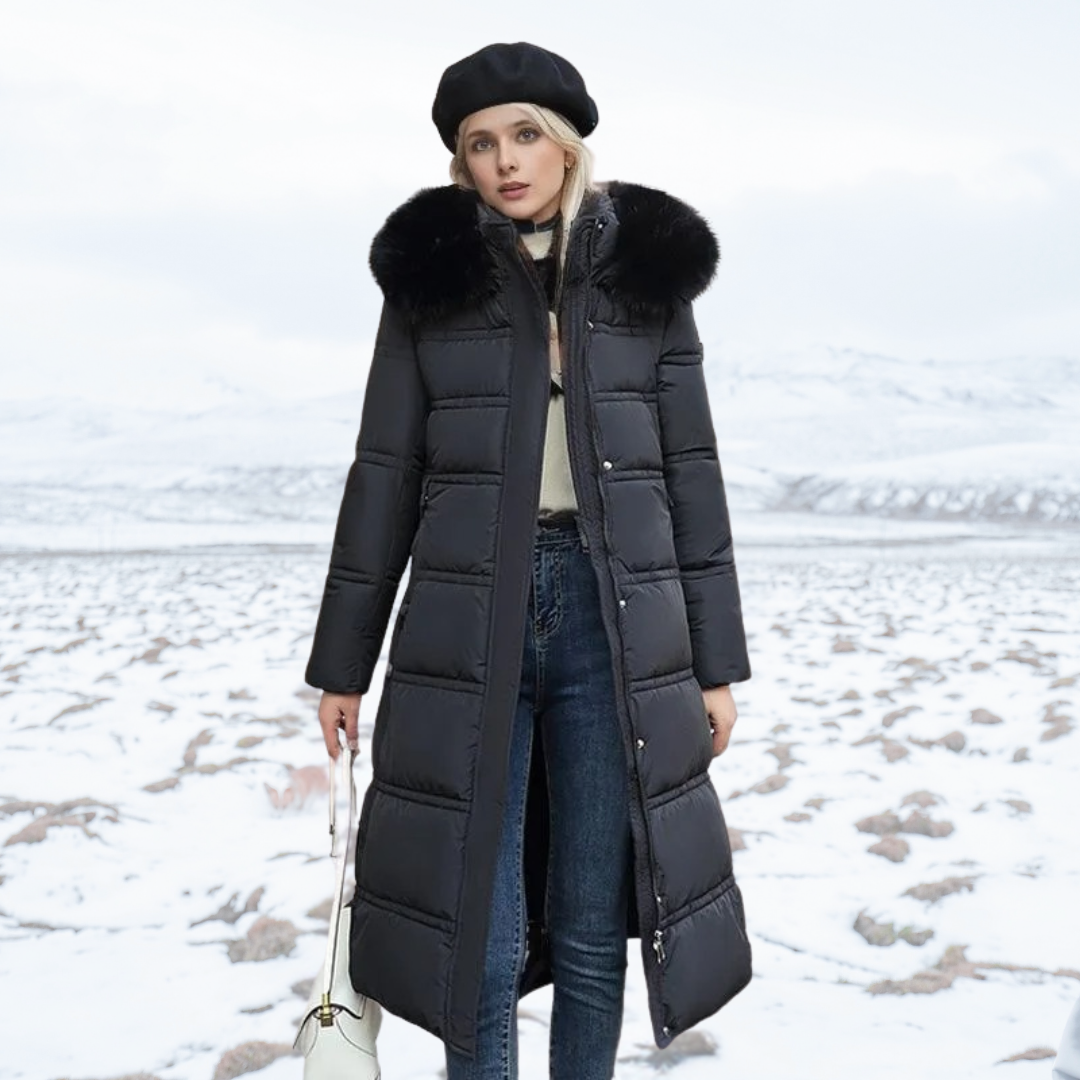 Cappotto lungo invernale donna grigio, piumino elegante e moderno, ideale per la moda di stagione.