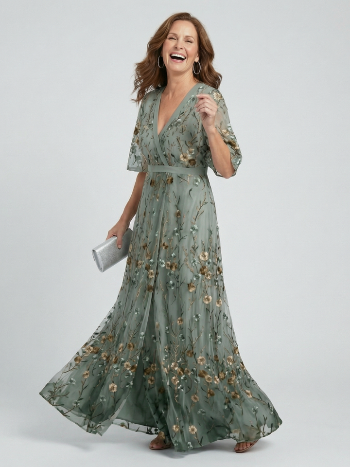 Elegante abito lungo donna floreale verde salvia, scollo incrociato. Perfetto vestito estivo maxi per cerimonia.
