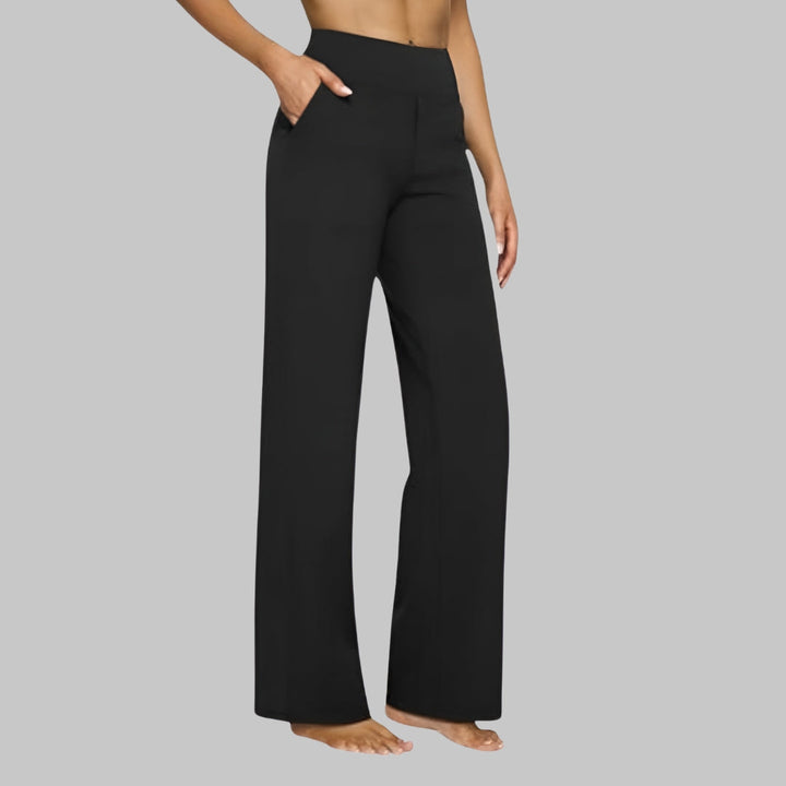 Pantaloni donna a vita alta, eleganti e comodi con tasche, ideali per outfit quotidiani e casual chic.