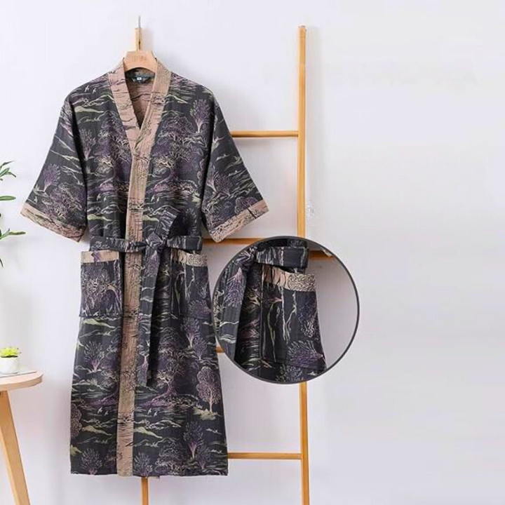 Kimono unisex in garza di cotone leggero, stile giapponese, perfetto per relax e abbigliamento casa.