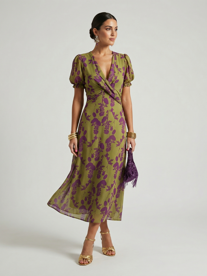 Abito midi floreale da donna a linea fluida, perfetto per look casual estivi o primaverili.