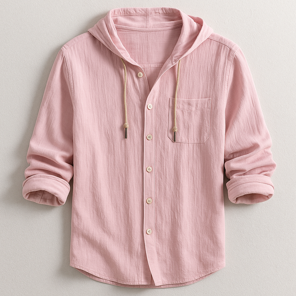 Dettaglio camicia uomo con cappuccio, stile moderno, versatile e confortevole per un abbigliamento casual di lusso.