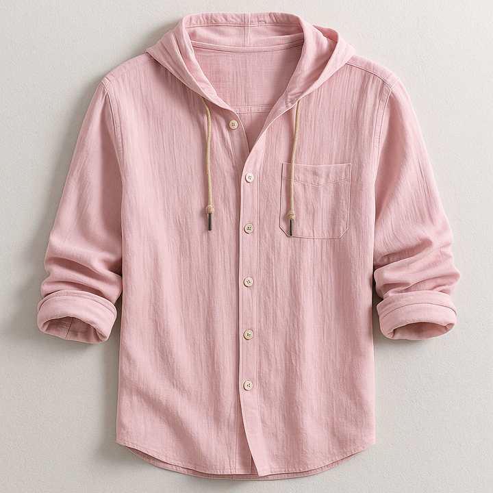Dettaglio camicia uomo con cappuccio, stile moderno, versatile e confortevole per un abbigliamento casual di lusso.