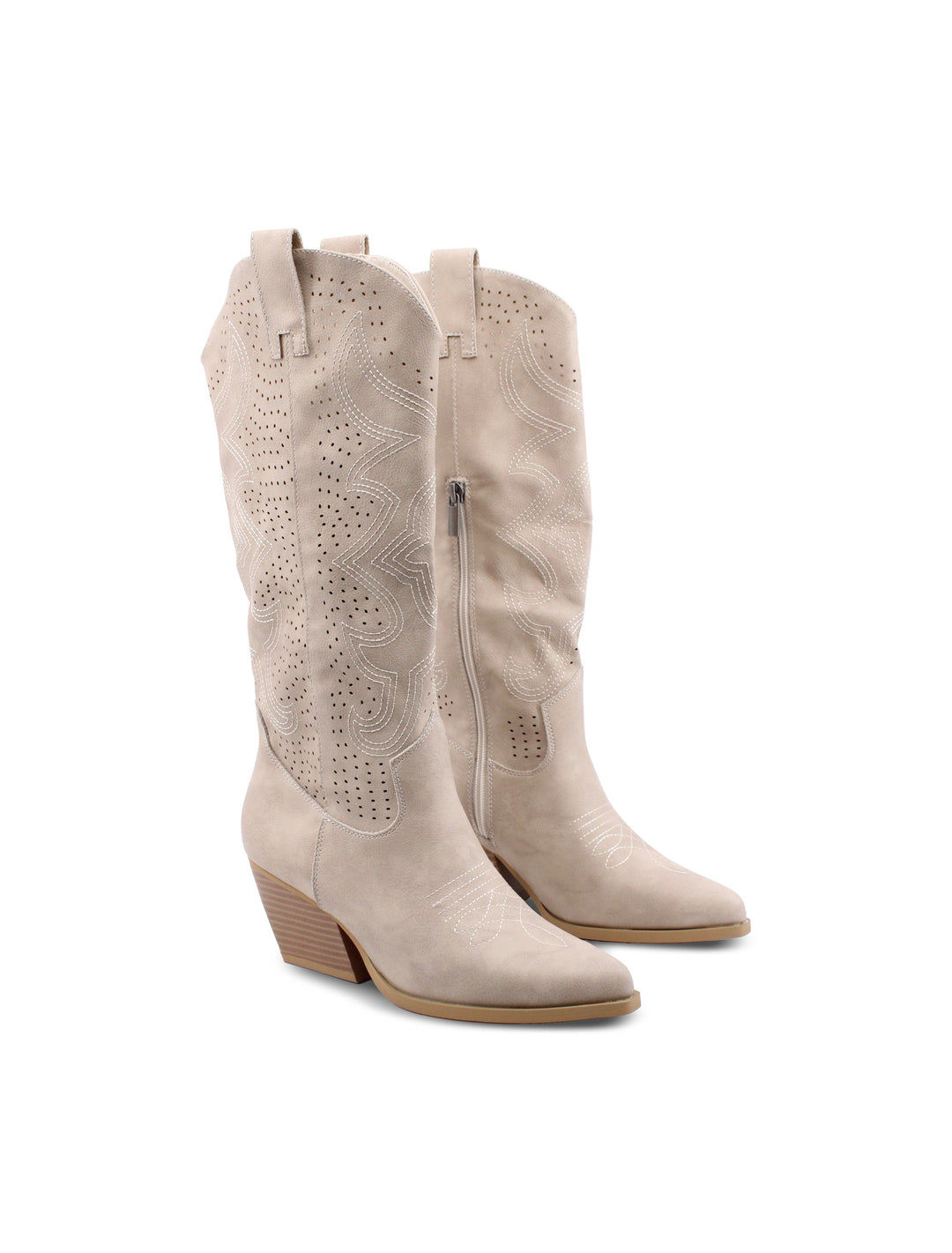 Stivali texani donna beige traforati con eleganti ricami, tacco 6 cm. Perfetti per un look western chic.