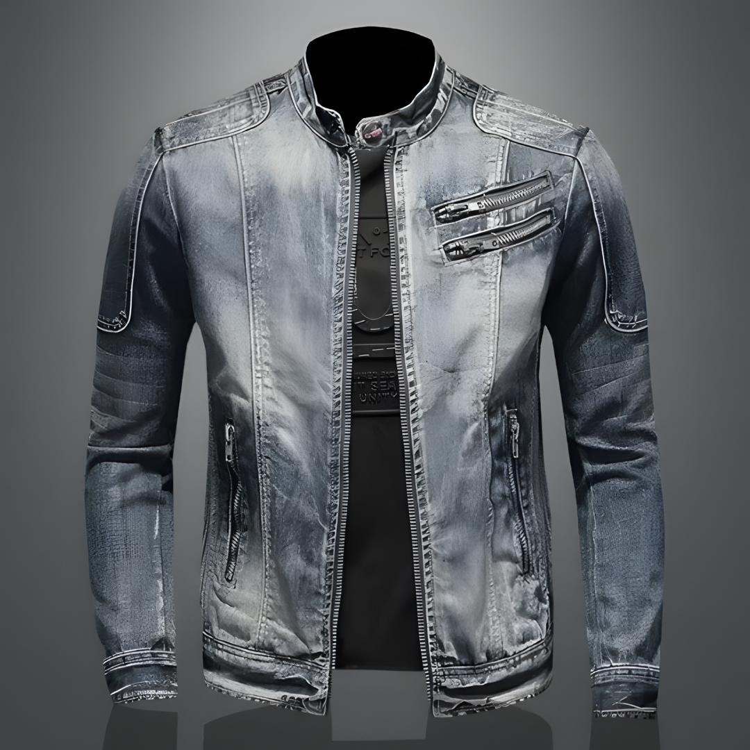 Giacca denim uomo slim fit con collo alto, look moderno e versatile.