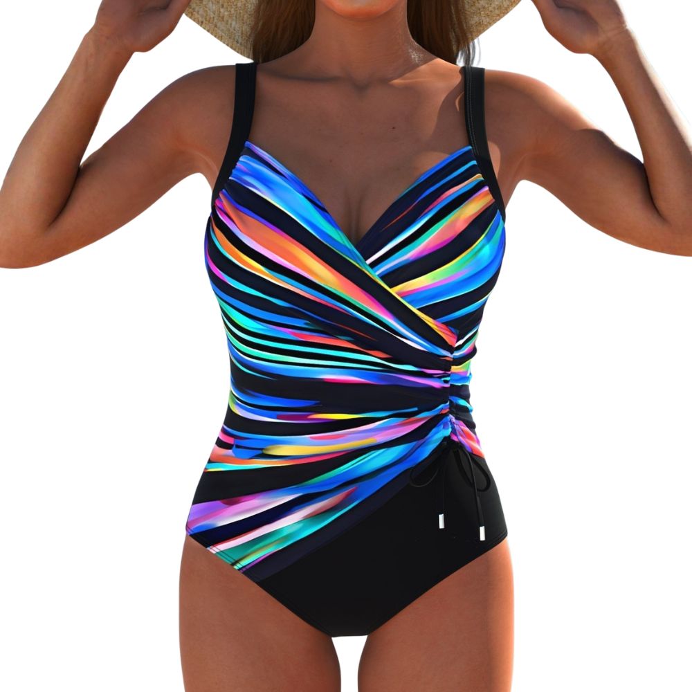 Costume intero donna elegante con design incrociato, ideale per spiaggia e piscina estiva.