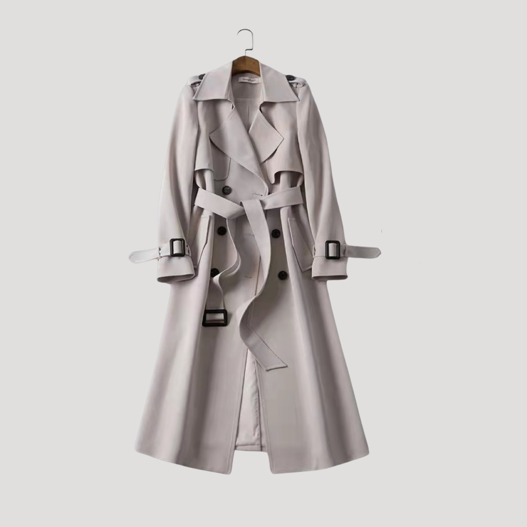 Trench donna elegante doppiopetto con cintura, stile classico per mezza stagione, perfetto per ufficio.