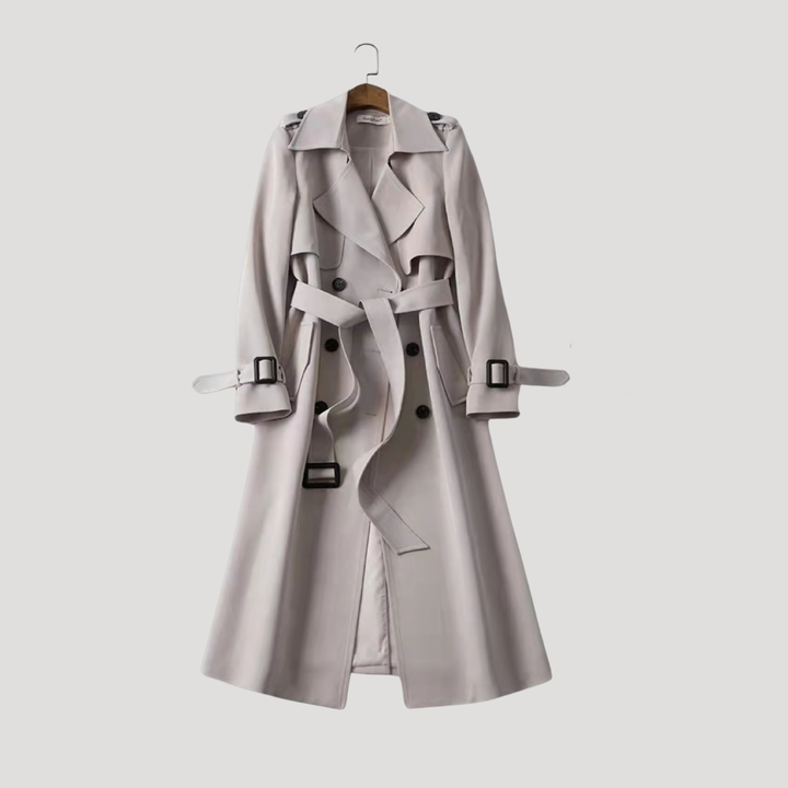 Trench donna elegante doppiopetto con cintura, stile classico per mezza stagione, perfetto per ufficio.