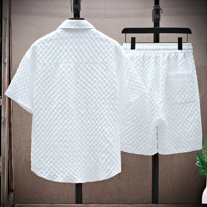 Set completo uomo casual nido d'ape per relax e viaggio, include shorts e maglia a maniche corte.