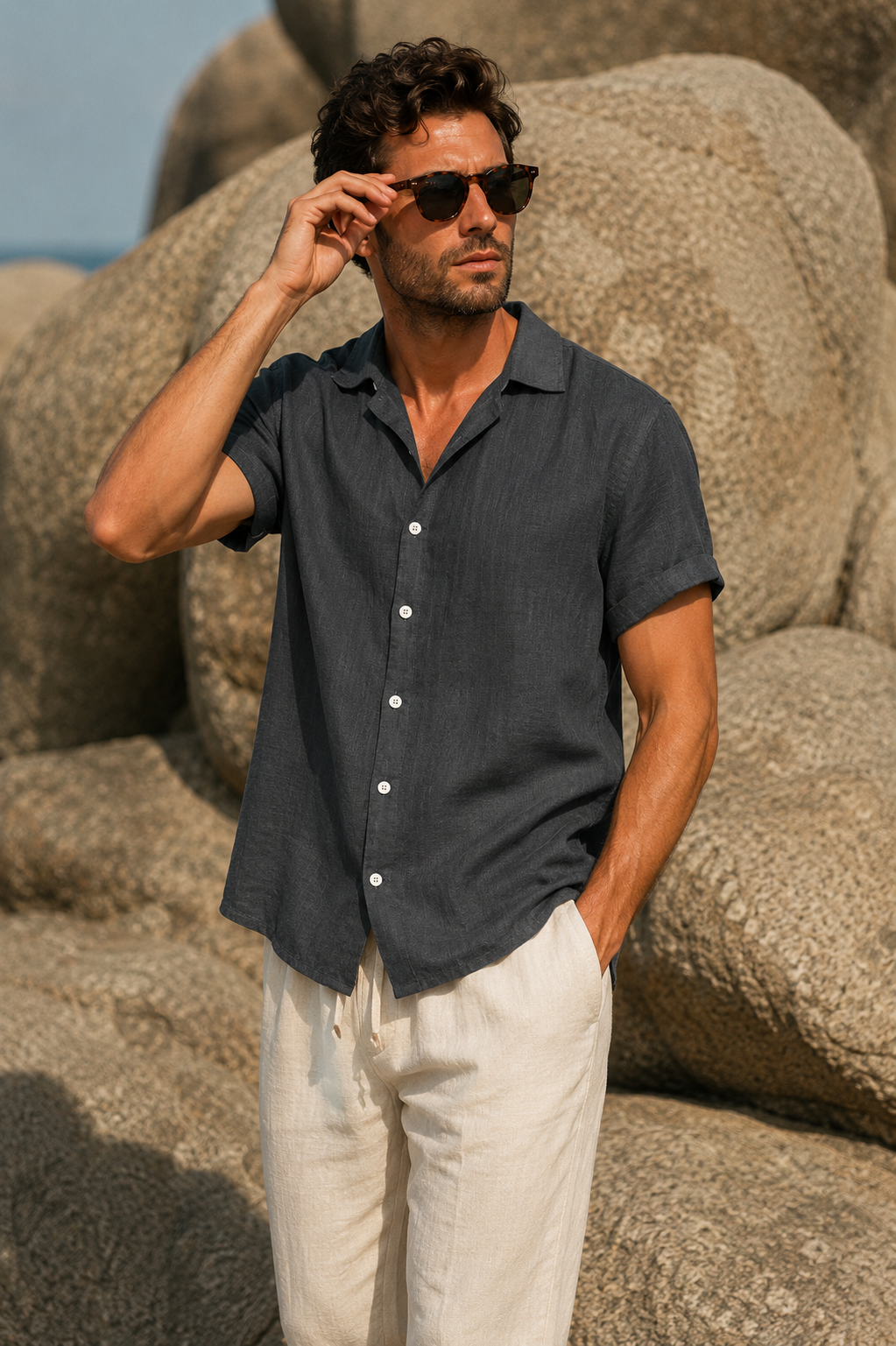 Camicia uomo estiva carbone, maniche corte, stile moderno ed elegante per look casual o chic.