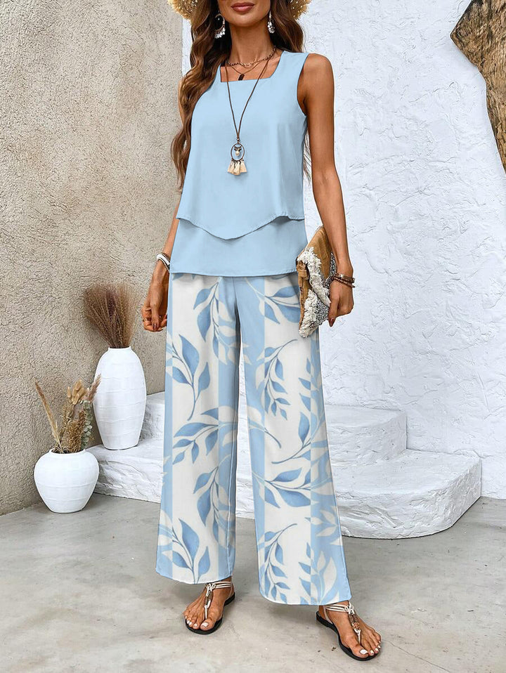 Completo estivo due pezzi donna stampato: top a strati scollo quadrato e pantaloni a gamba larga.