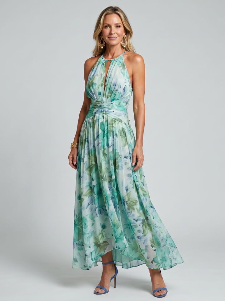 Abito midi plissettato floreale verde da donna, elegante per estati e vacanze.