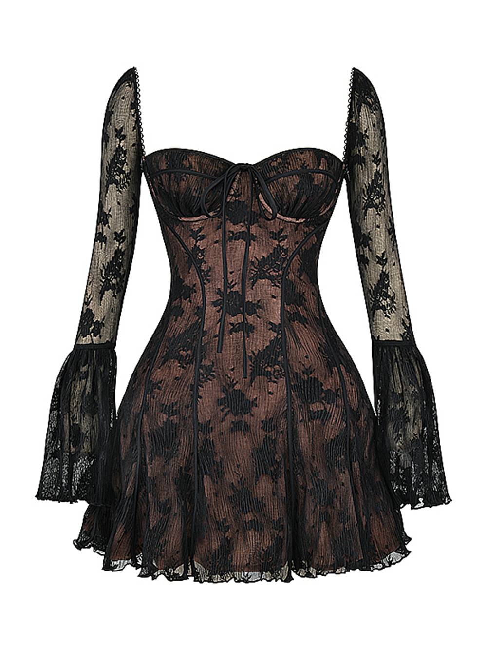 Abito mini nero elegante da donna, maniche lunghe, look autunnale stile retrò.