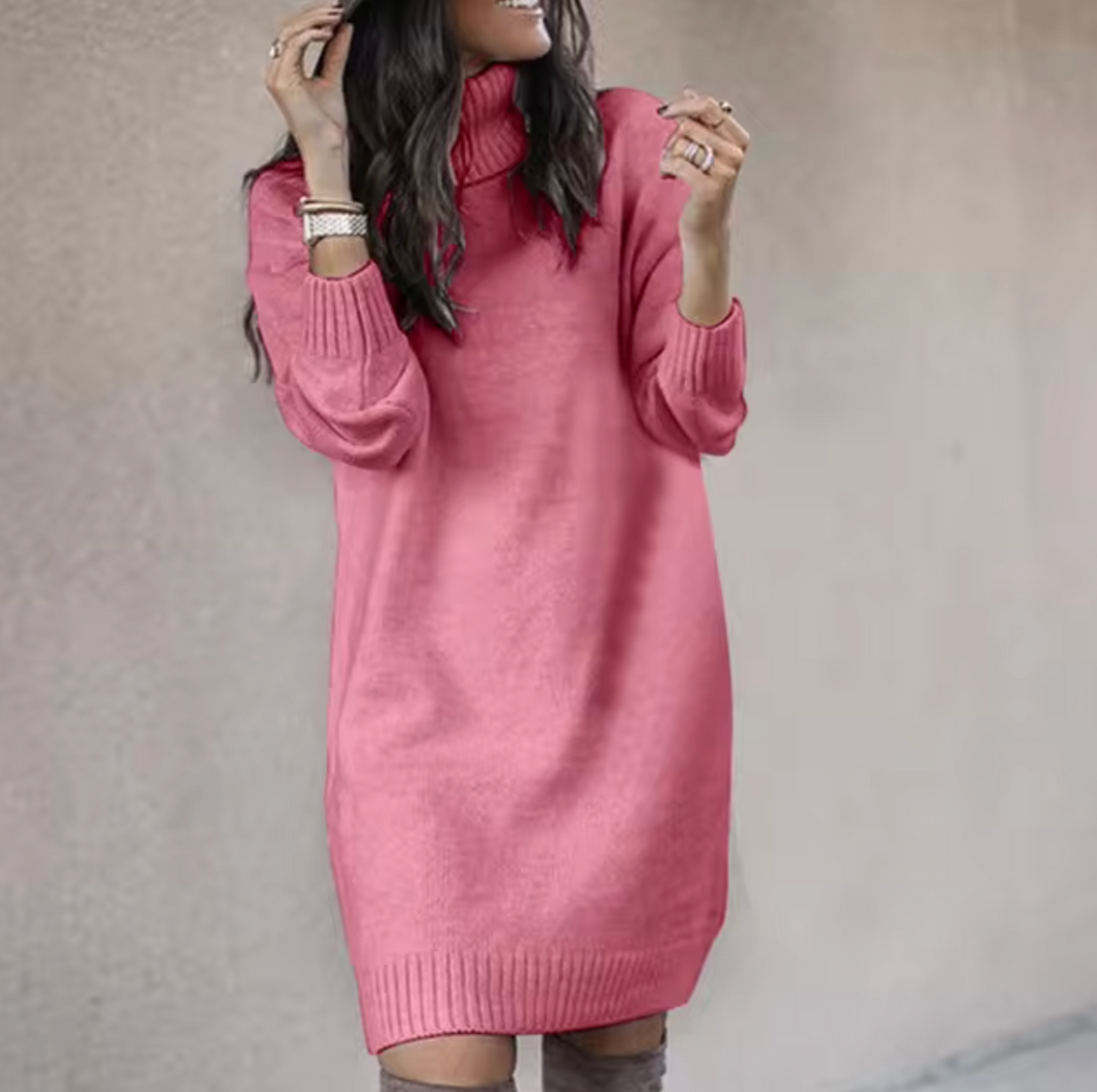 Abito maglione dolcevita donna elegante a maniche lunghe, vestito comodo ideale per moda autunno/inverno.