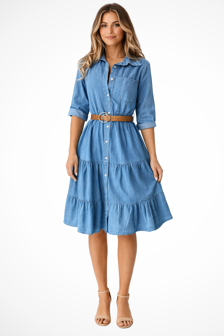 Abito chemisier midi da donna con balze, elegante e casual chic, completo di cintura per un look versatile.
