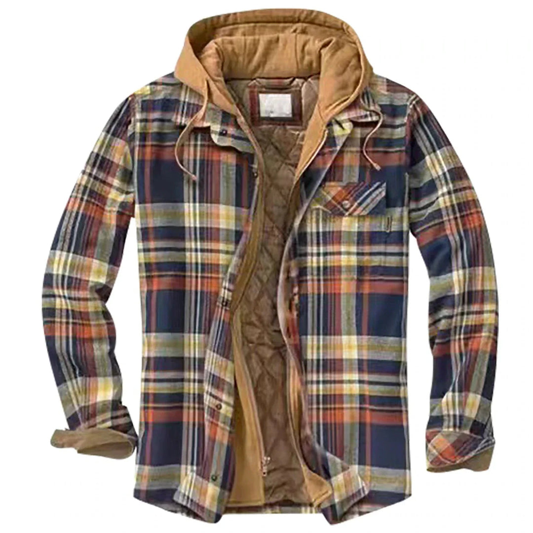 Giacca uomo invernale, imbottita a quadri con cappuccio. Calda, comoda e di tendenza per l'outdoor.
