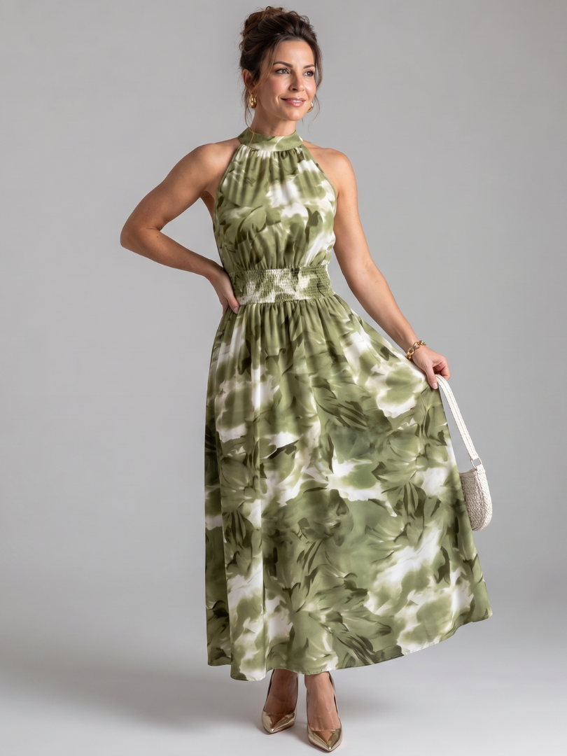 Abito midi donna elegante con stampa astratta, vita arricciata; perfetto per look chic e moda femminile.