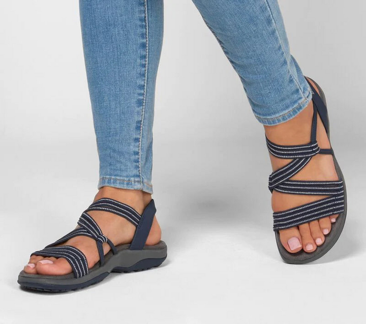 Sandali donna ergonomici neri con cinturini regolabili, perfetti per comfort quotidiano e sostegno plantare.