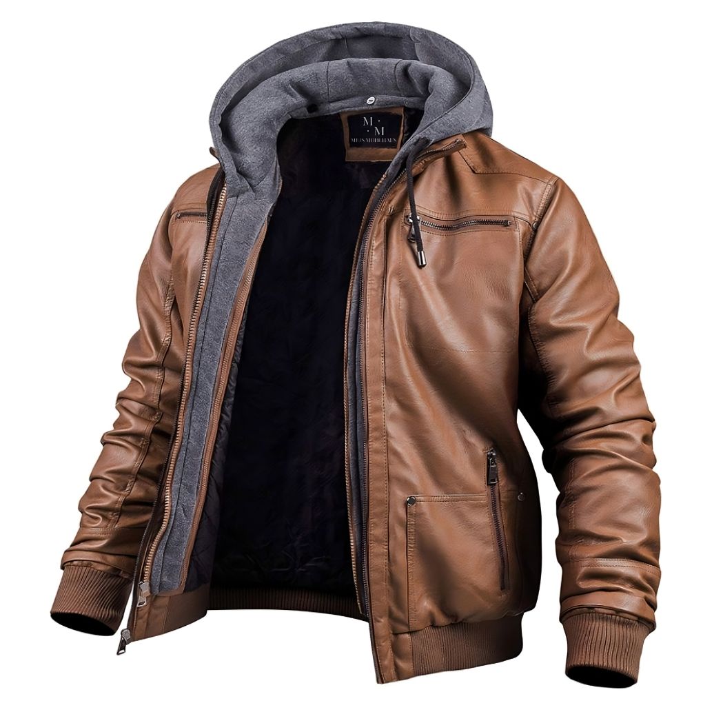 Giacca invernale da uomo in pelle con cappuccio, calda ed elegante, per protezione dal freddo e stile moderno.
