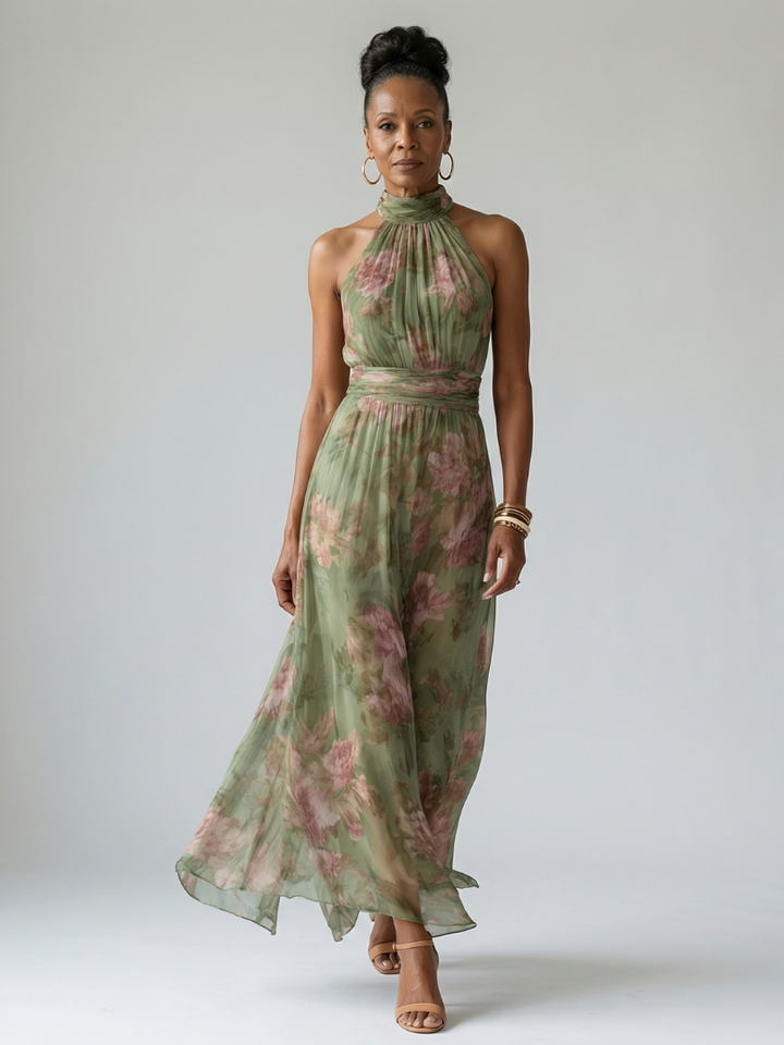 Abito midi verde salvia per donna, design arricciato e collo halter. Vestito elegante ideale per serate estive.