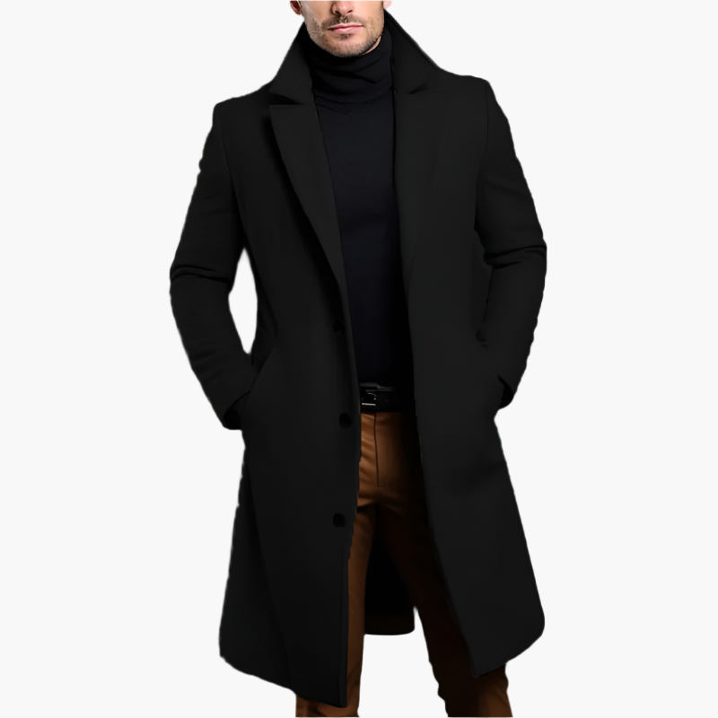 Cappotto monopetto da uomo lungo, invernale ed elegante. Trench classico nero, perfetto per stile e calore maschile.
