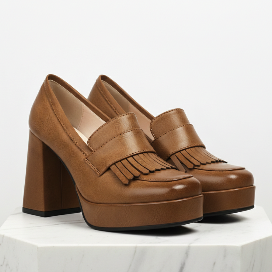 Eleganti mocassini donna con tacco largo e plateau. Scarpe slip-on confortevoli, ideali per ogni occasione.