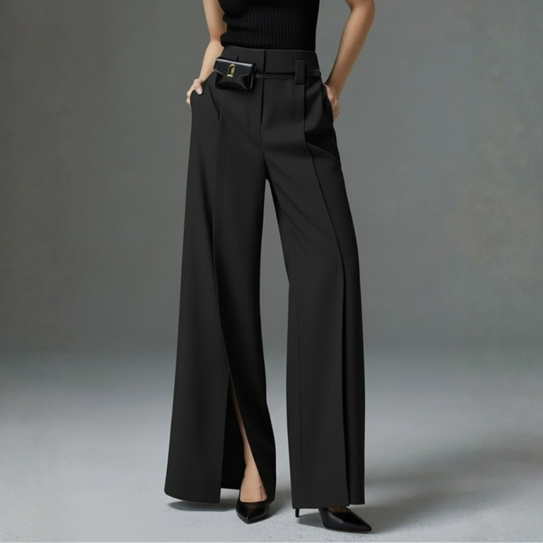Pantaloni donna eleganti a vita alta e gamba larga, ideali per look casual chic o ufficio. Massima versatilità.