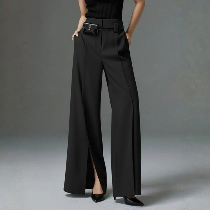 Pantaloni donna eleganti a vita alta e gamba larga, ideali per look casual chic o ufficio. Massima versatilità.