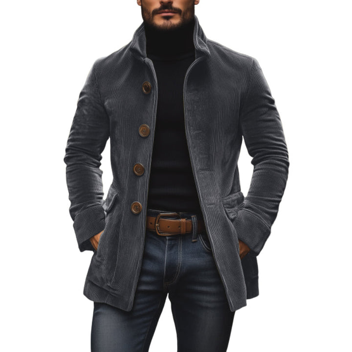 Cappotto uomo elegante autunnale, chiusura monopetto e collo alla coreana. Vestibilità slim fit invernale.