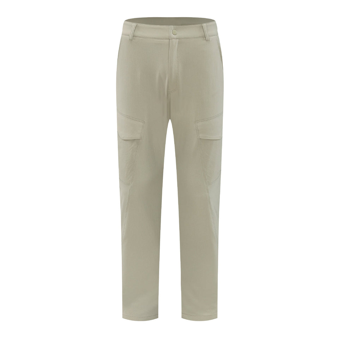Moda maschile: pantaloni cargo uomo beige, multi-tasche e vita elastica. Perfetti per un look urbano e comodo.