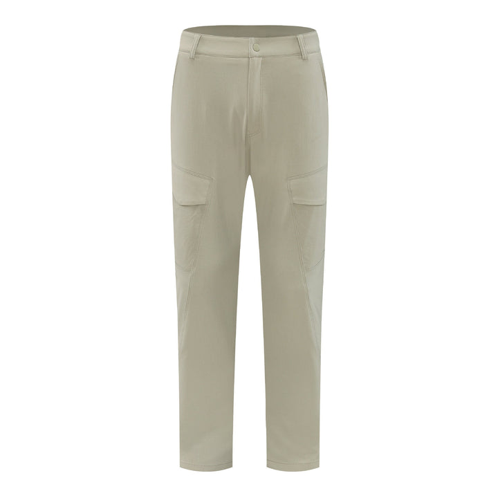 Moda maschile: pantaloni cargo uomo beige, multi-tasche e vita elastica. Perfetti per un look urbano e comodo.
