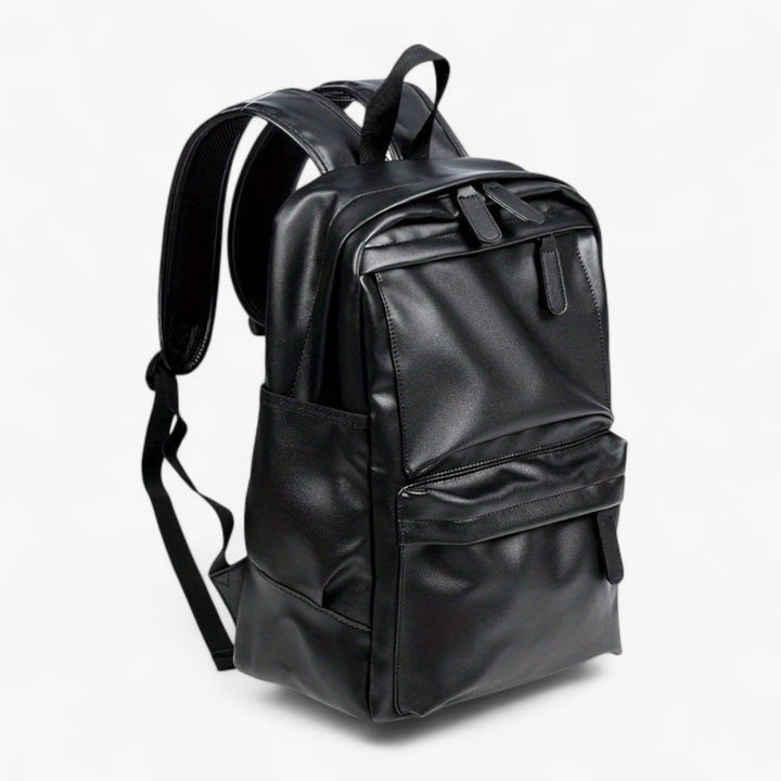 Zaino nero minimalista ed elegante da uomo, ideale per la città e il lavoro.