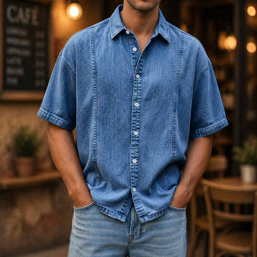 Camicia uomo estiva a maniche corte con colletto classico. Vestibilità comoda, ideale per look casual e comfort.