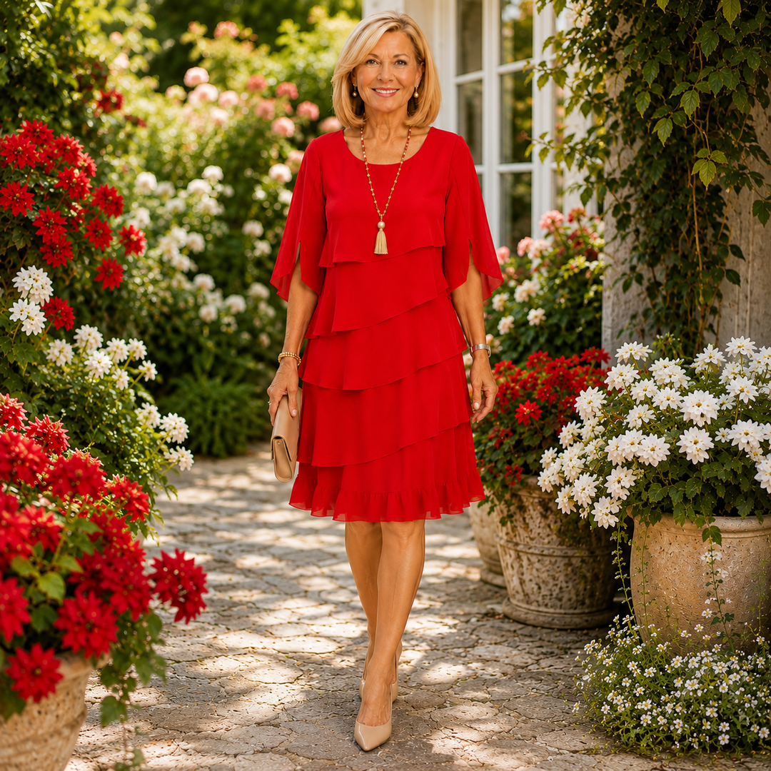 Vestito da festa rosso per donna, con volant a strati e maniche fluide. Disponibile in taglie forti, molto elegante.