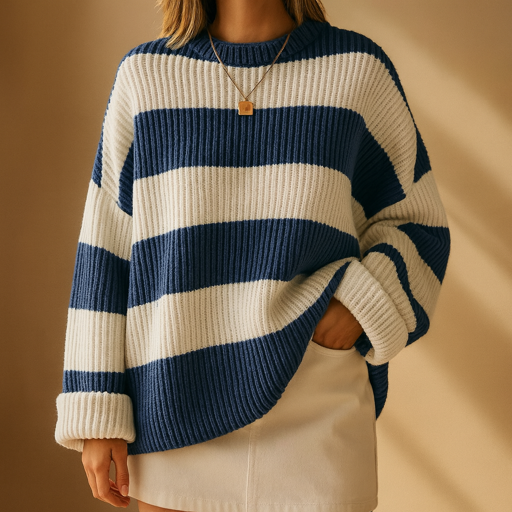 Maglione donna a righe comodo per ogni occasione. Stile multicolore e vestibilità ampia per moda autunno/primavera.