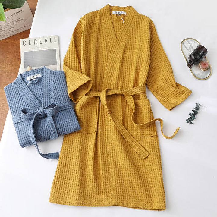 Elegante accappatoio kimono unisex con cintura in cotone a coste, per la casa.