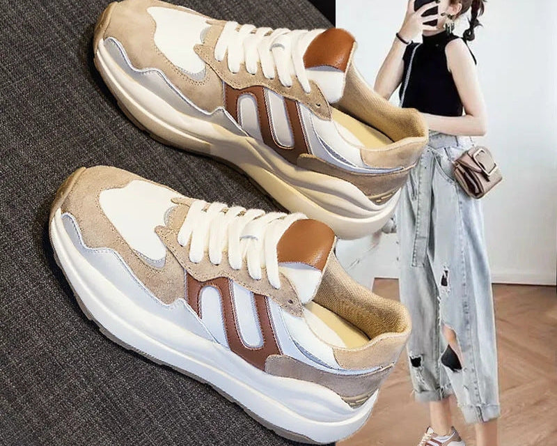 Scarpe donna sportive autunnali albicocca, modello piatto comodo con punta tonda. Perfette per un look casual.