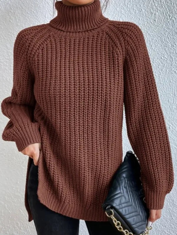 Maglione dolcevita da donna con maniche raglan e orlo spaccato, stile moderno e confortevole.