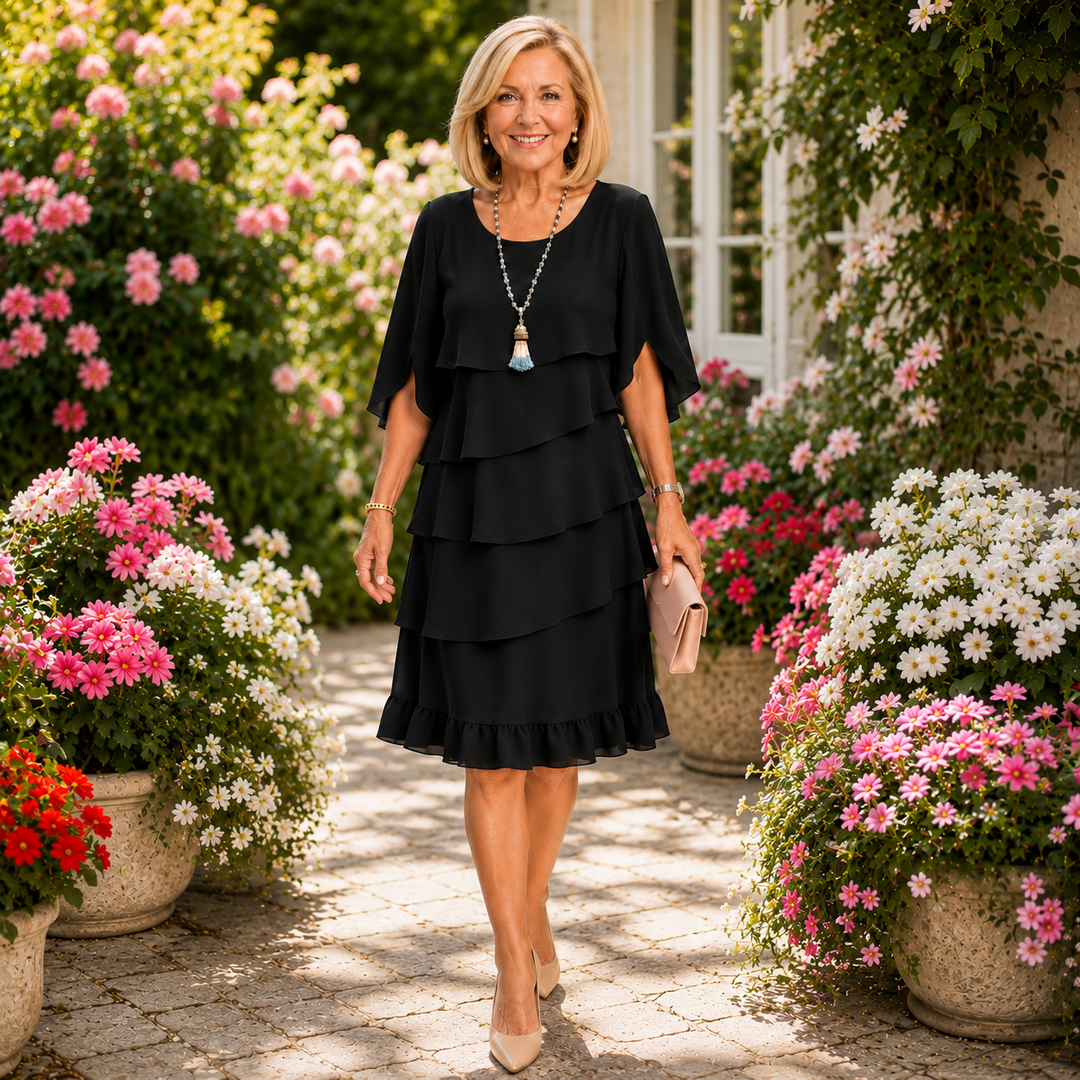 Abito donna in poliestere, vestito elegante con volant a strati e maniche fluide. Ideale per cerimonie.