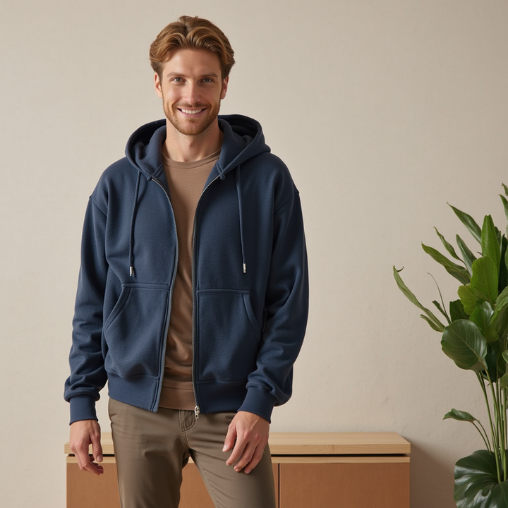Felpa uomo con cappuccio full zip, stile classico premium. Ideale per abbigliamento casual e comfort quotidiano.
