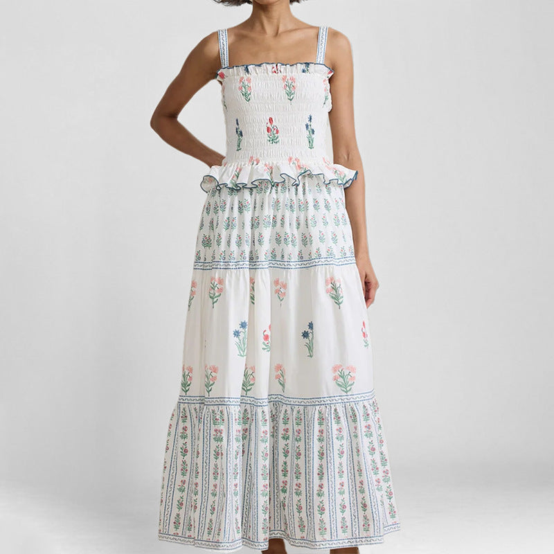 Abito lungo estivo donna floreale senza spalline, elegante per serate o eventi speciali.