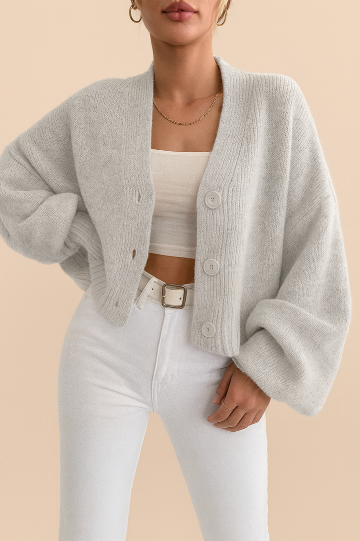 Cardigan corto da donna in maglieria, con scollo a V e maniche a palloncino, perfetto per l'autunno.