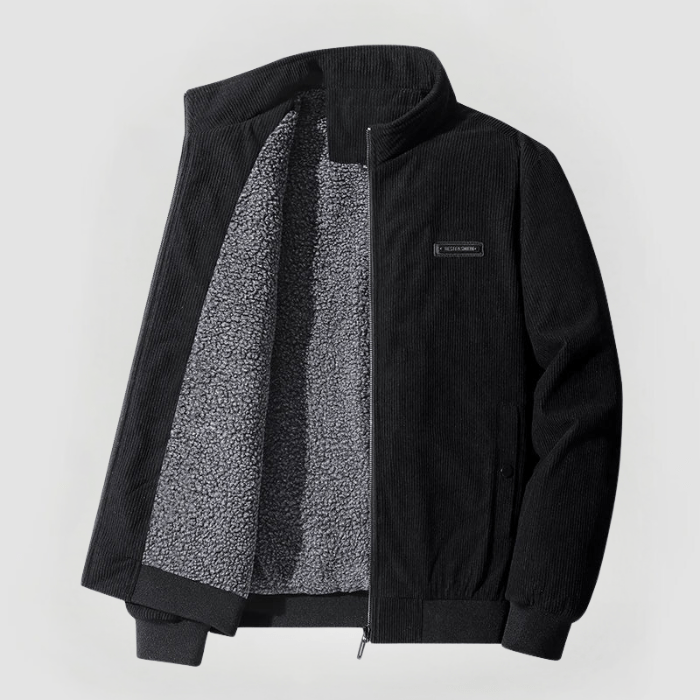 Giacca calda uomo in velluto a coste con collo alto, ideale per l'inverno. Abbigliamento maschile resistente e di stile.