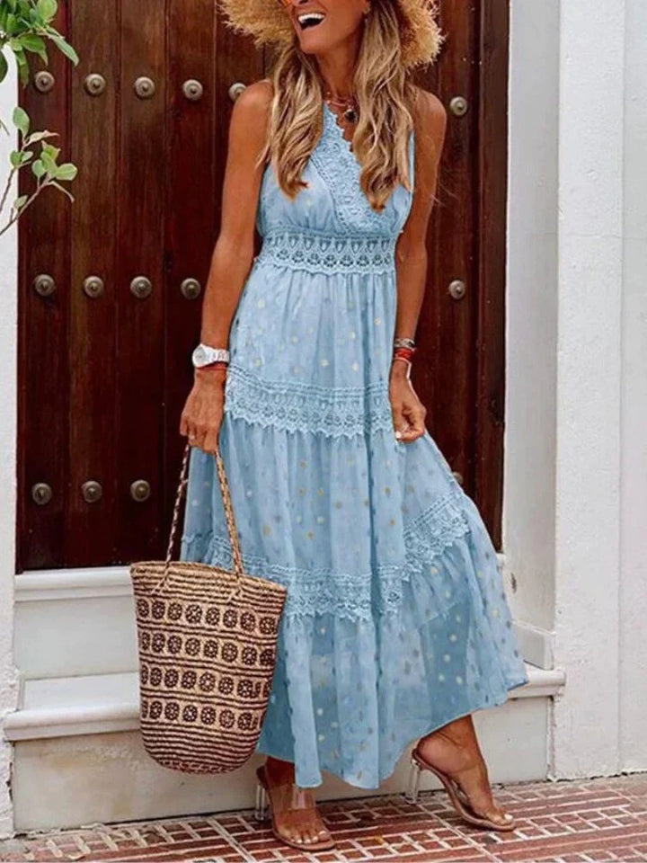 Abito lungo donna in pizzo floreale, elegante per matrimoni e cerimonie primavera/estate.